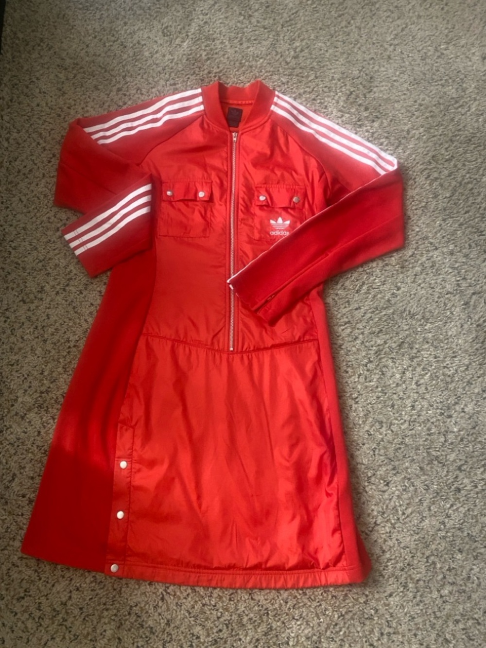 Vintage 2005 Adidas Red Women's Zip-Front Bomber Jacket Dress with White Stripes - Picture 2 of 7